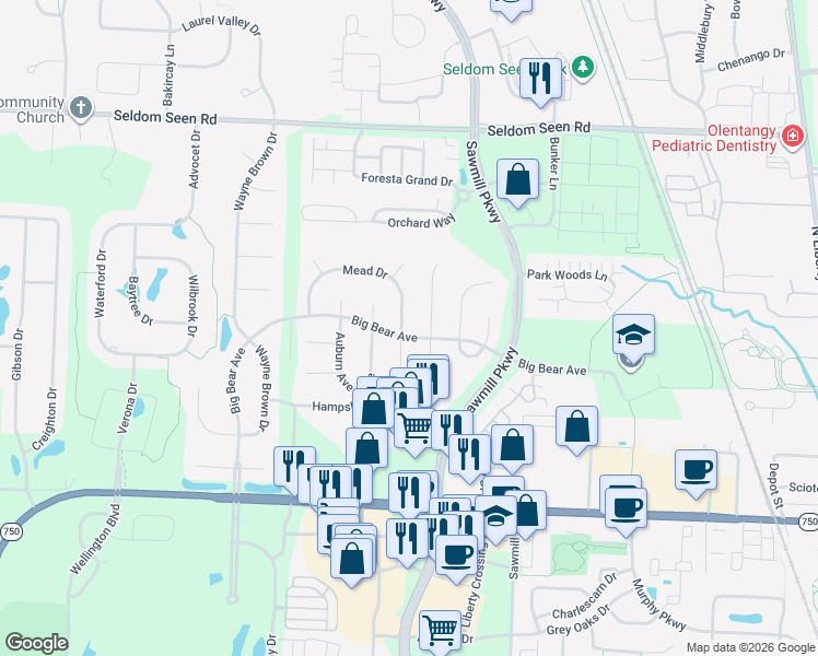 map of restaurants, bars, coffee shops, grocery stores, and more near 3614 Mead Drive in Powell