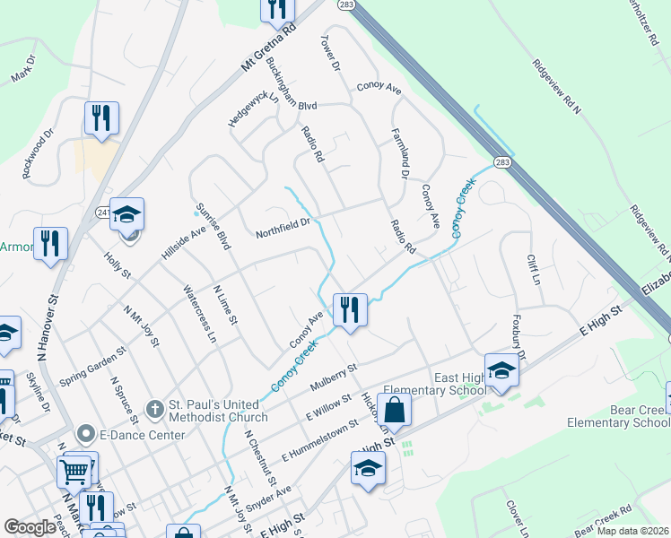 map of restaurants, bars, coffee shops, grocery stores, and more near 953 Spring Garden Street in Elizabethtown
