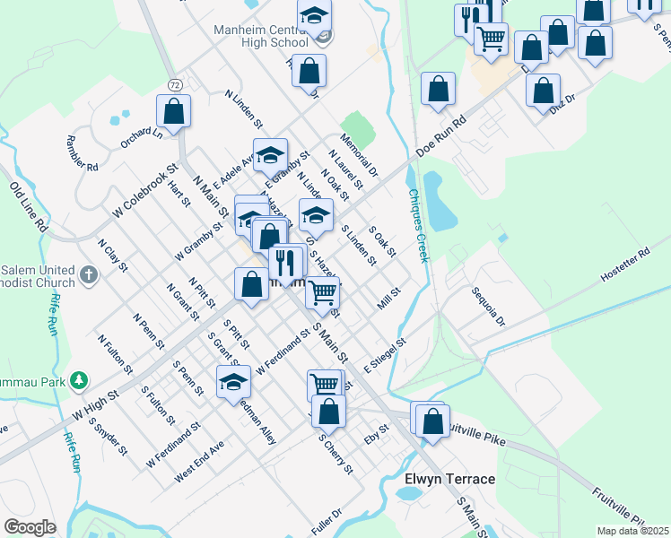 map of restaurants, bars, coffee shops, grocery stores, and more near 45 South Hazel Street in Manheim