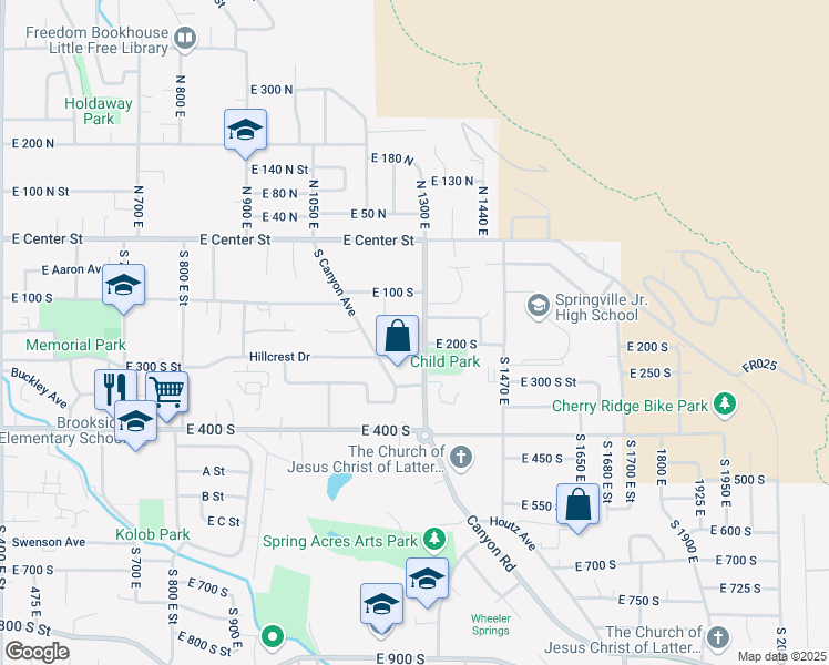map of restaurants, bars, coffee shops, grocery stores, and more near 235 South Canyon Avenue in Springville