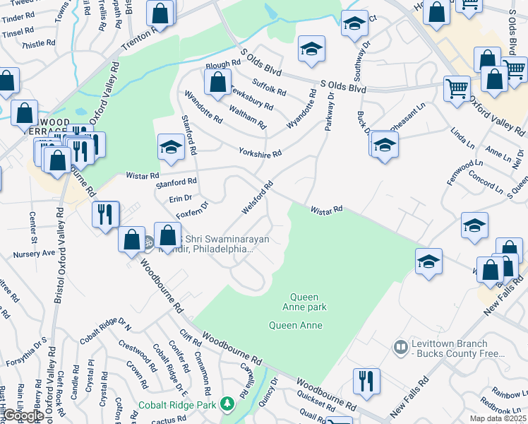 map of restaurants, bars, coffee shops, grocery stores, and more near 482 Stanford Road in Fairless Hills