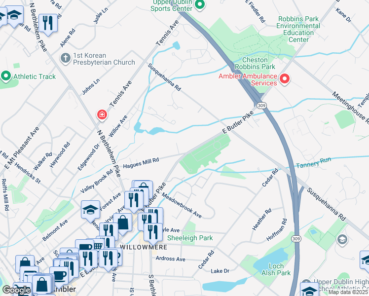 map of restaurants, bars, coffee shops, grocery stores, and more near 1161 Hagues Mill Rd in Ambler