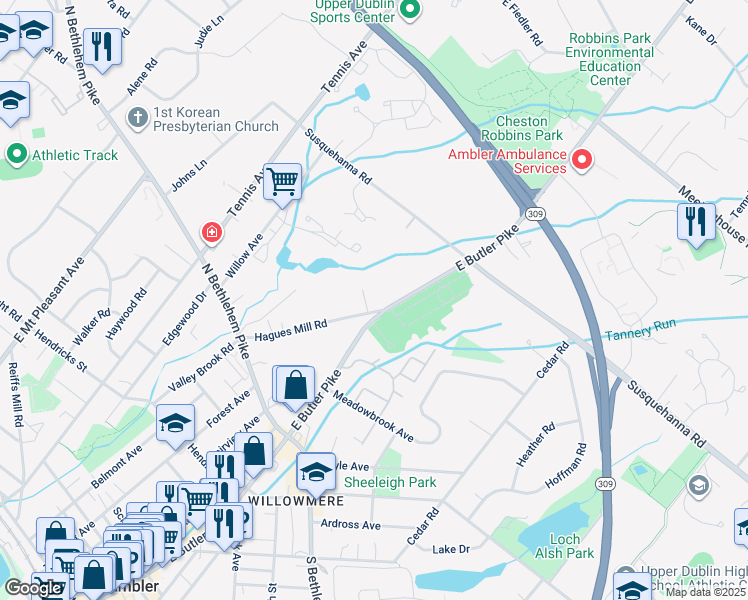 map of restaurants, bars, coffee shops, grocery stores, and more near 1161 Hagues Mill Rd in Ambler