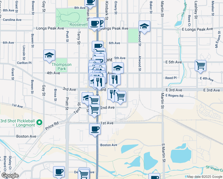 map of restaurants, bars, coffee shops, grocery stores, and more near 446 3rd Avenue in Longmont