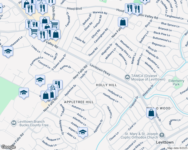 map of restaurants, bars, coffee shops, grocery stores, and more near 60 Horseshoe Lane in Levittown