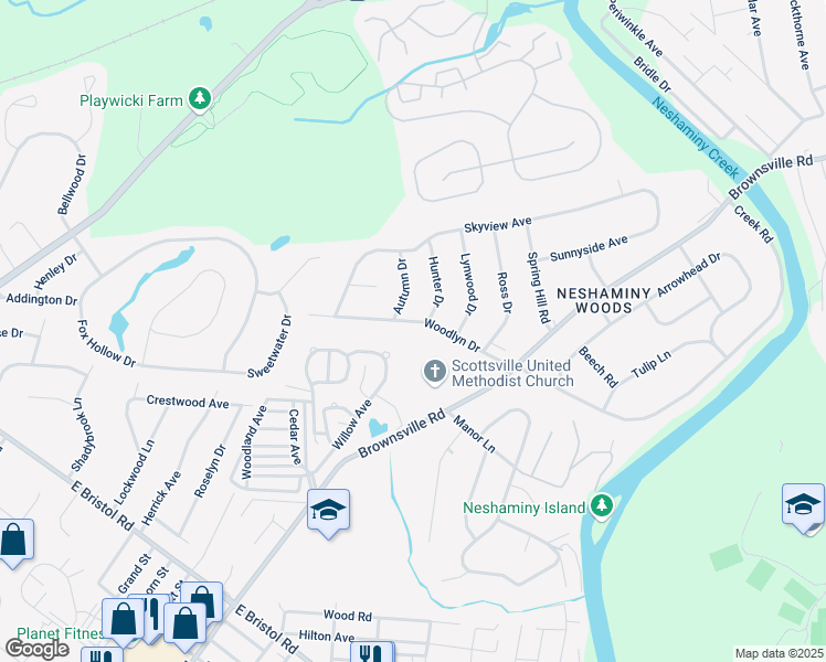 map of restaurants, bars, coffee shops, grocery stores, and more near 719 Woodlyn Drive in Langhorne