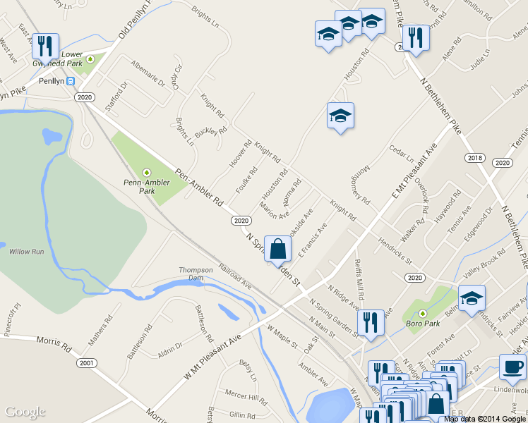 map of restaurants, bars, coffee shops, grocery stores, and more near 420 Marion Avenue in Ambler