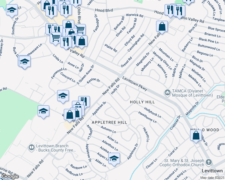 map of restaurants, bars, coffee shops, grocery stores, and more near 422 Holly Drive in Levittown