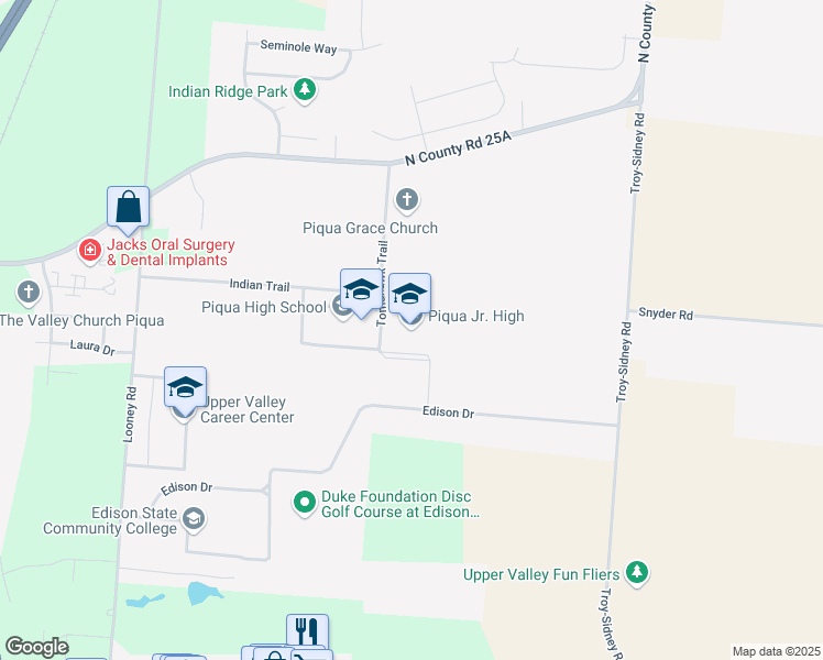 map of restaurants, bars, coffee shops, grocery stores, and more near 1 Tomahawk Trail in Piqua