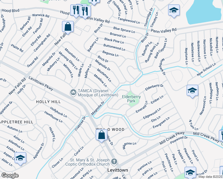 map of restaurants, bars, coffee shops, grocery stores, and more near 6 Meadow Lane in Levittown