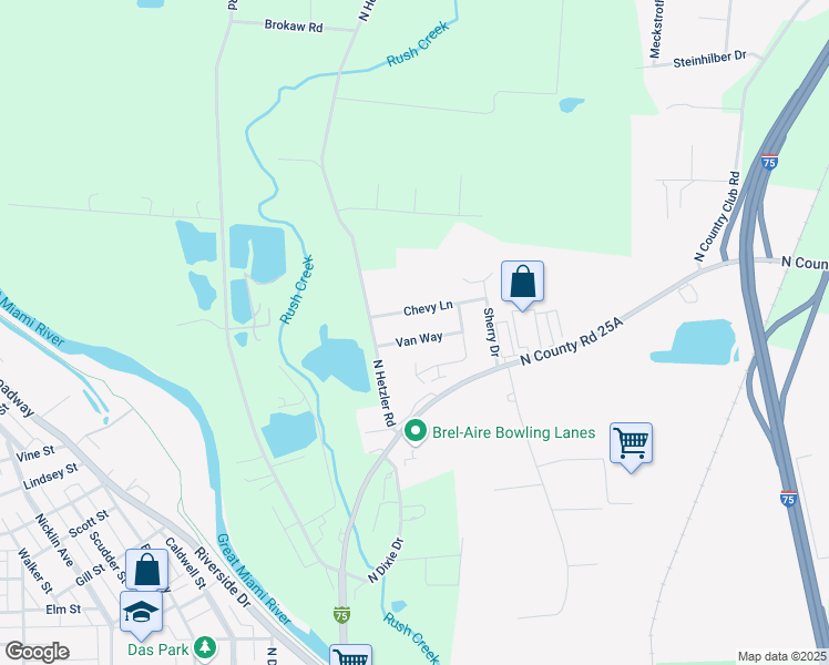 map of restaurants, bars, coffee shops, grocery stores, and more near 1130 Van Way in Piqua