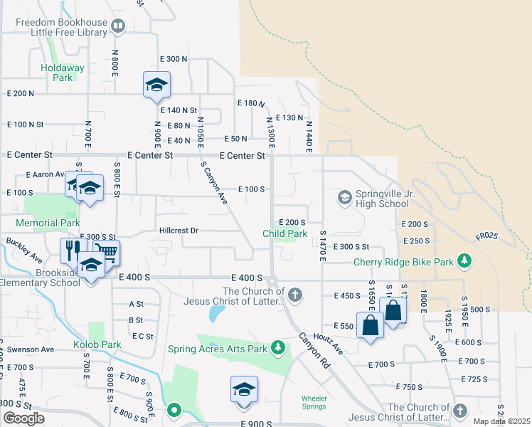 map of restaurants, bars, coffee shops, grocery stores, and more near 235 South Canyon Avenue in Springville