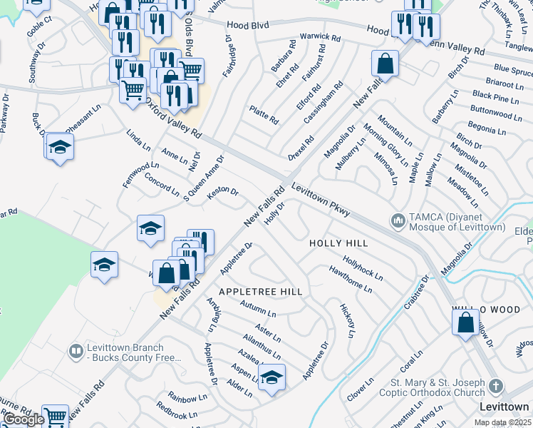 map of restaurants, bars, coffee shops, grocery stores, and more near 422 Holly Drive in Levittown