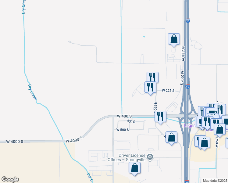 map of restaurants, bars, coffee shops, grocery stores, and more near South 2600 West in Springville