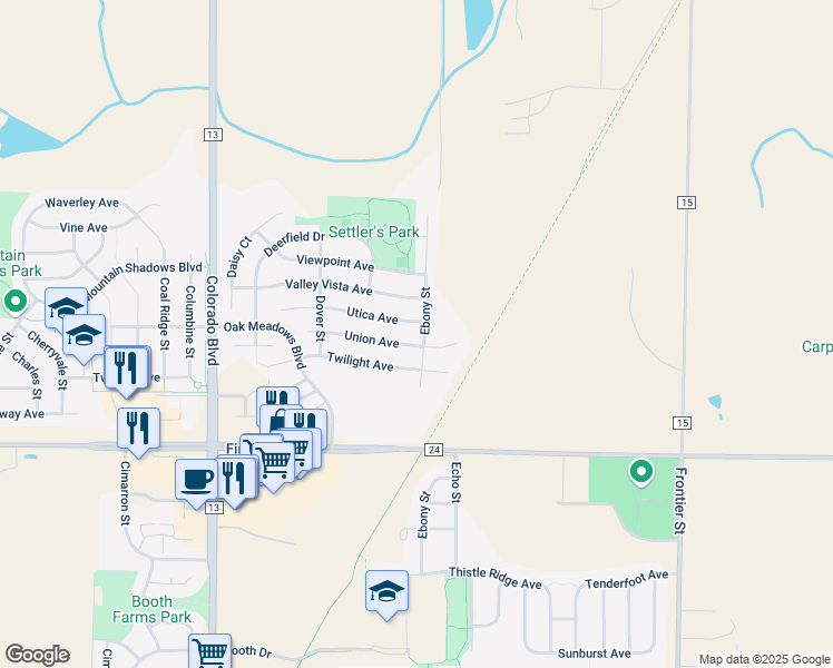 map of restaurants, bars, coffee shops, grocery stores, and more near 11279 Ebony Street in Longmont