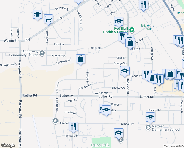 map of restaurants, bars, coffee shops, grocery stores, and more near 1235 Larkspur Court in Red Bluff