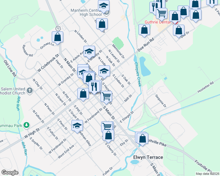 map of restaurants, bars, coffee shops, grocery stores, and more near 45 South Hazel Street in Manheim