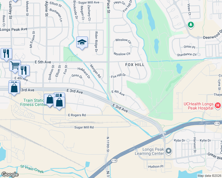 map of restaurants, bars, coffee shops, grocery stores, and more near 401 Westview Court in Longmont