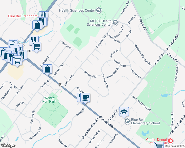 map of restaurants, bars, coffee shops, grocery stores, and more near 1079 Boxwood Lane in Blue Bell