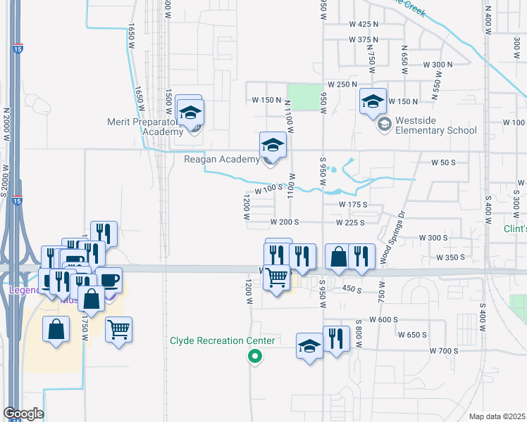 map of restaurants, bars, coffee shops, grocery stores, and more near 1163 West 150 South in Springville