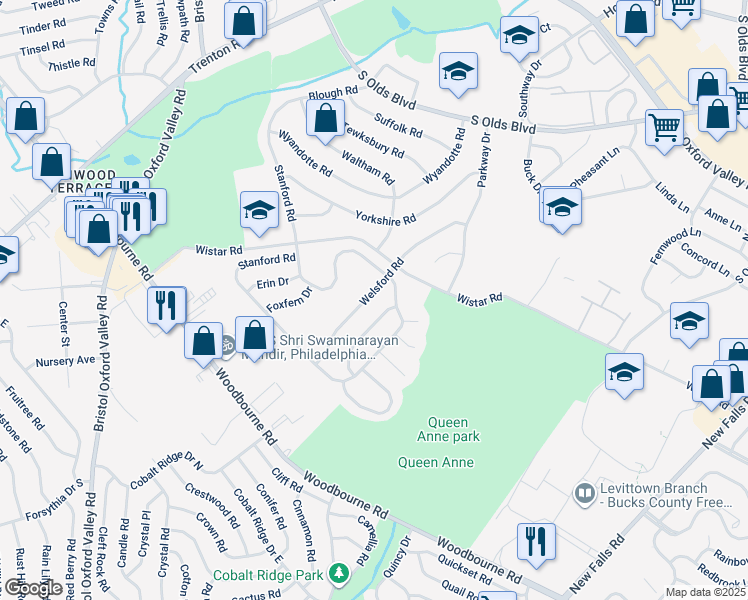 map of restaurants, bars, coffee shops, grocery stores, and more near 425 Welsford Road in Fairless Hills