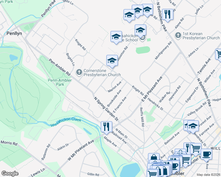 map of restaurants, bars, coffee shops, grocery stores, and more near 429 Marion Avenue in Ambler