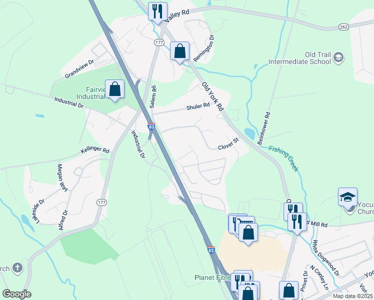 map of restaurants, bars, coffee shops, grocery stores, and more near 665 Woodward Dr in Etters