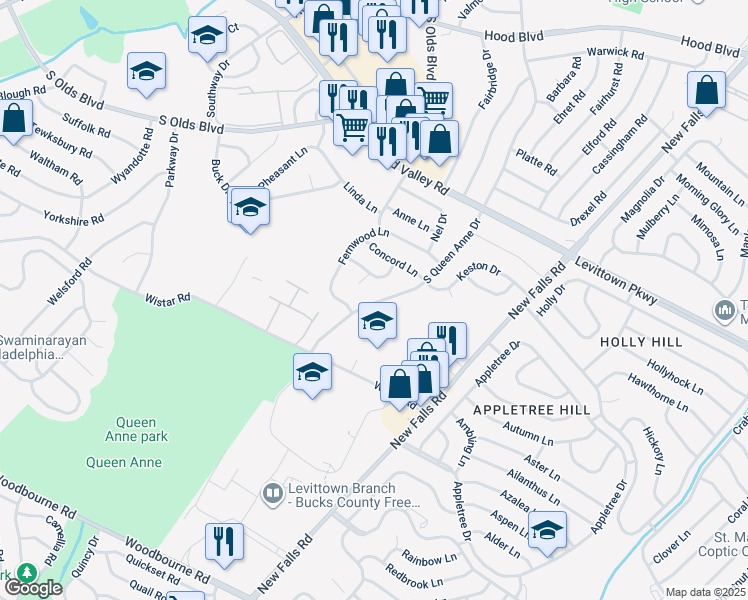 map of restaurants, bars, coffee shops, grocery stores, and more near 635 South Queen Anne Drive in Fairless Hills