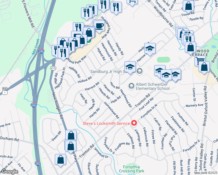 map of restaurants, bars, coffee shops, grocery stores, and more near 15 Horn Road in Levittown