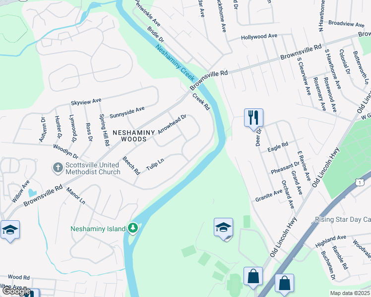 map of restaurants, bars, coffee shops, grocery stores, and more near 2766 Arrowhead Drive in Langhorne