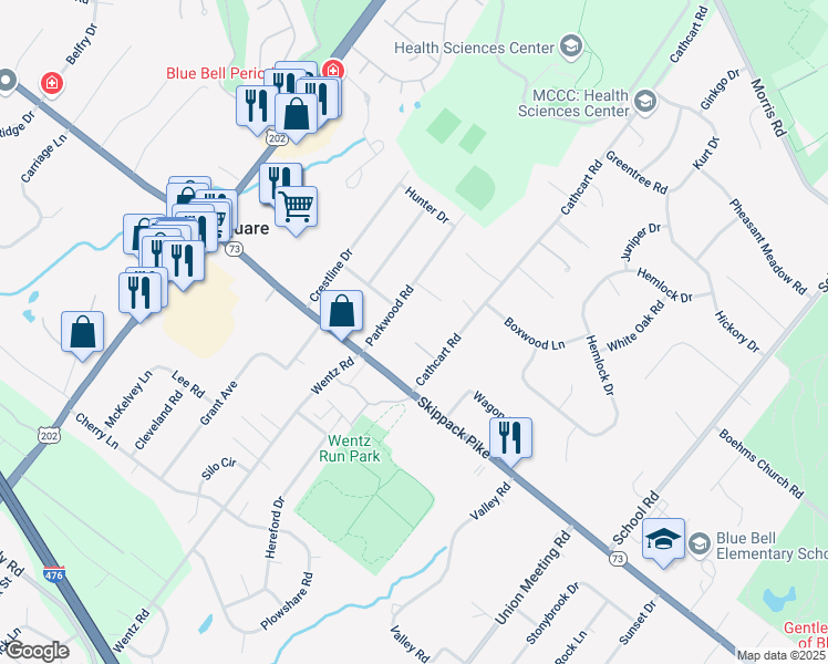 map of restaurants, bars, coffee shops, grocery stores, and more near 835 Cathcart Rd in Blue Bell