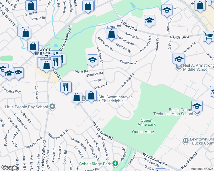 map of restaurants, bars, coffee shops, grocery stores, and more near 2 Foxfern Drive in Fairless Hills