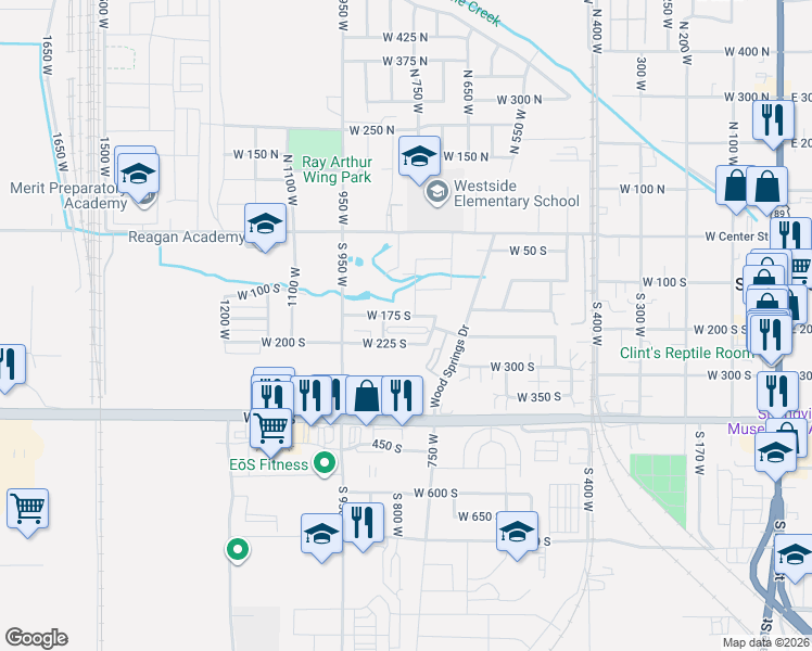 map of restaurants, bars, coffee shops, grocery stores, and more near 791 175 South in Springville