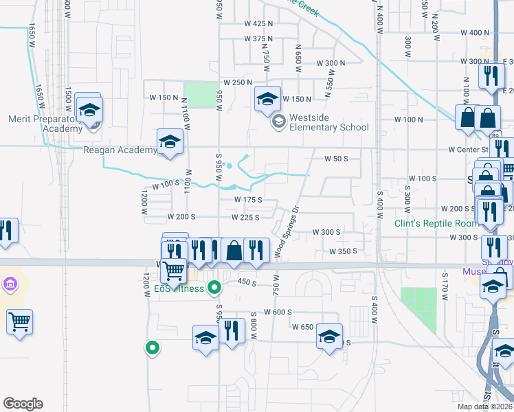 map of restaurants, bars, coffee shops, grocery stores, and more near 791 175 South in Springville