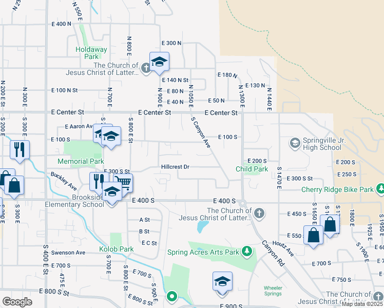 map of restaurants, bars, coffee shops, grocery stores, and more near 1071 East 200 South in Springville