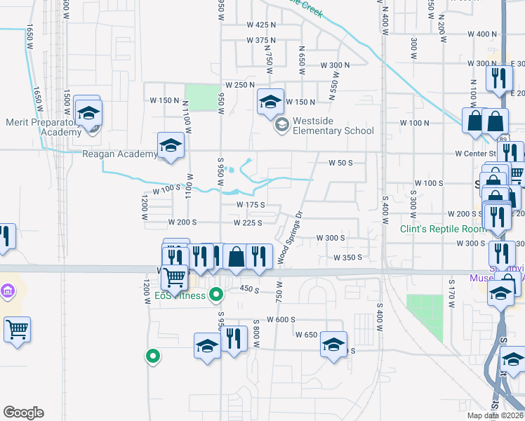 map of restaurants, bars, coffee shops, grocery stores, and more near 791 175 South in Springville