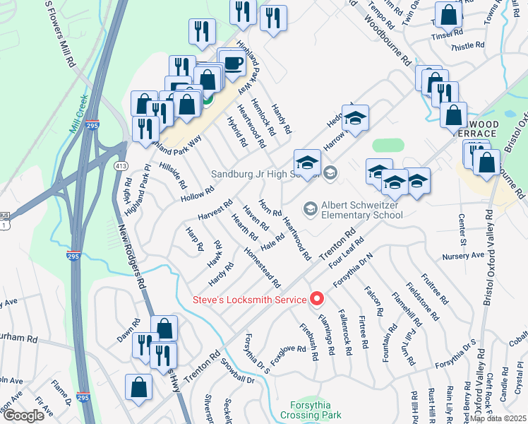 map of restaurants, bars, coffee shops, grocery stores, and more near 15 Horn Road in Levittown