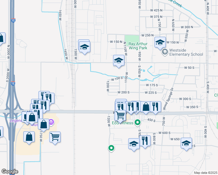 map of restaurants, bars, coffee shops, grocery stores, and more near 1197 West 150 South in Springville