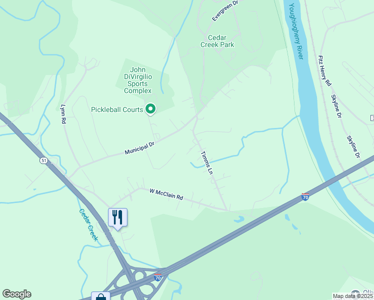 map of restaurants, bars, coffee shops, grocery stores, and more near 461 Timms Lane in Belle Vernon