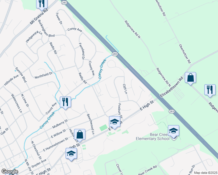 map of restaurants, bars, coffee shops, grocery stores, and more near 20 Cranfield Ct in Elizabethtown