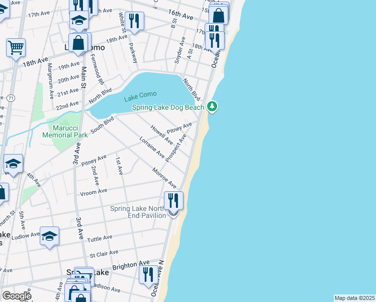 map of restaurants, bars, coffee shops, grocery stores, and more near 2505 Ocean Avenue in Spring Lake