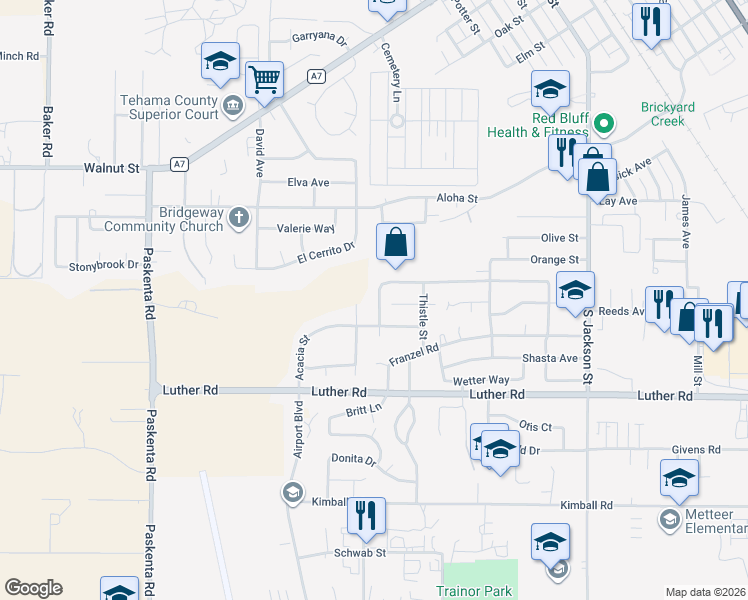 map of restaurants, bars, coffee shops, grocery stores, and more near 1460 Orange Street in Red Bluff