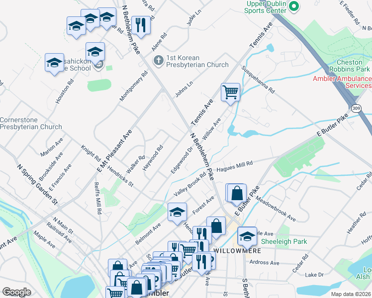 map of restaurants, bars, coffee shops, grocery stores, and more near 443 Edgewood Drive in Ambler