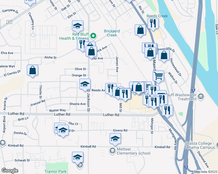 map of restaurants, bars, coffee shops, grocery stores, and more near 636 Reeds Avenue in Red Bluff