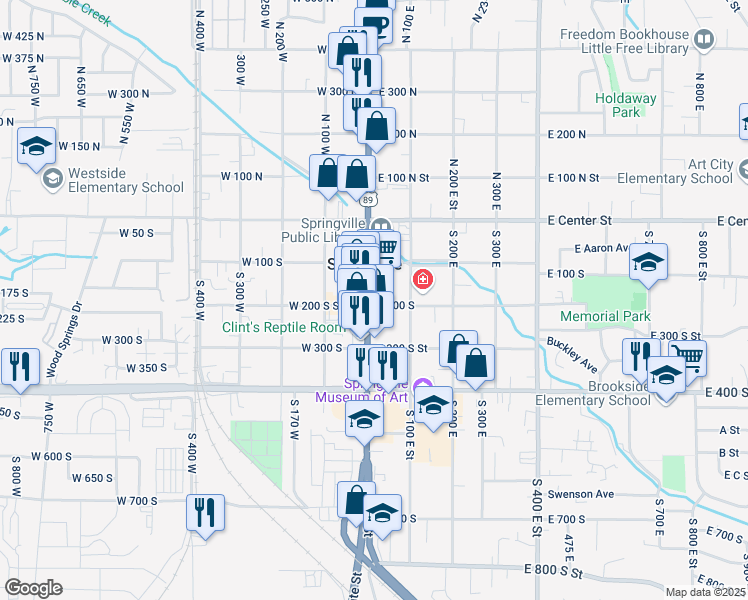 map of restaurants, bars, coffee shops, grocery stores, and more near 191 South Main Street in Springville