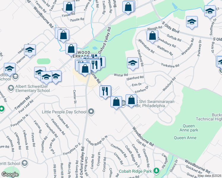 map of restaurants, bars, coffee shops, grocery stores, and more near 1411 Woodbourne Road in Levittown