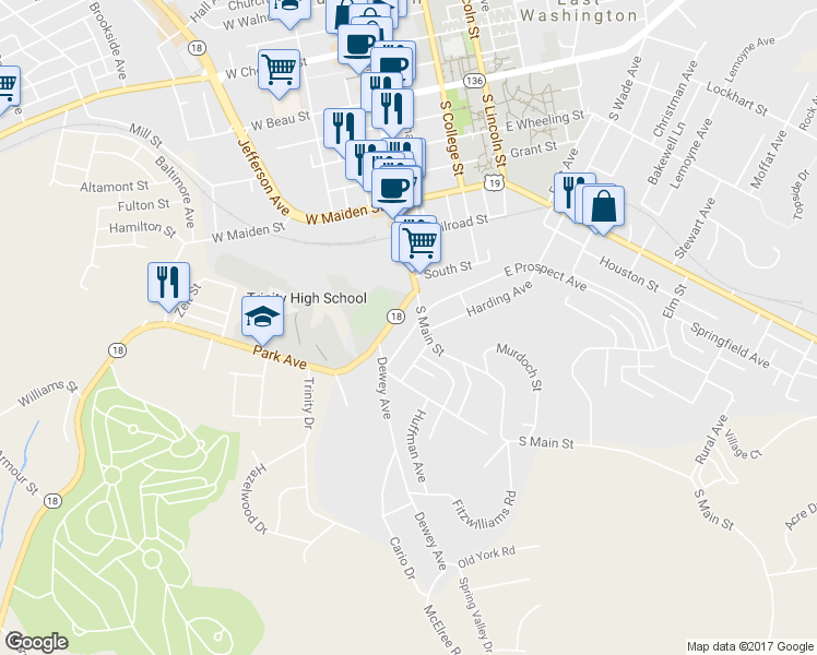 map of restaurants, bars, coffee shops, grocery stores, and more near 21 West Prospect Avenue in Washington