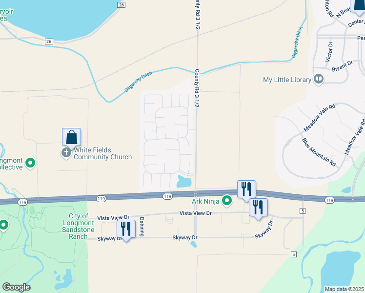 map of restaurants, bars, coffee shops, grocery stores, and more near 11238 Longview Boulevard in Longmont