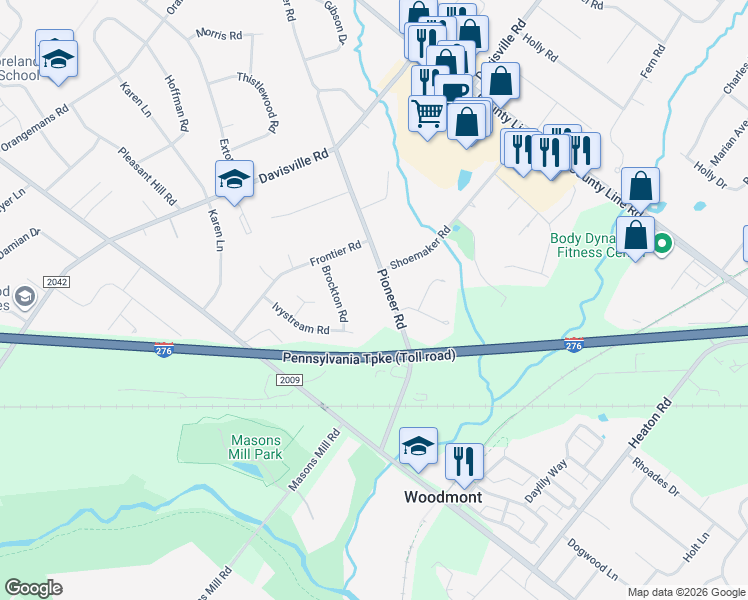 map of restaurants, bars, coffee shops, grocery stores, and more near 2050 Pioneer Road in Montgomery County
