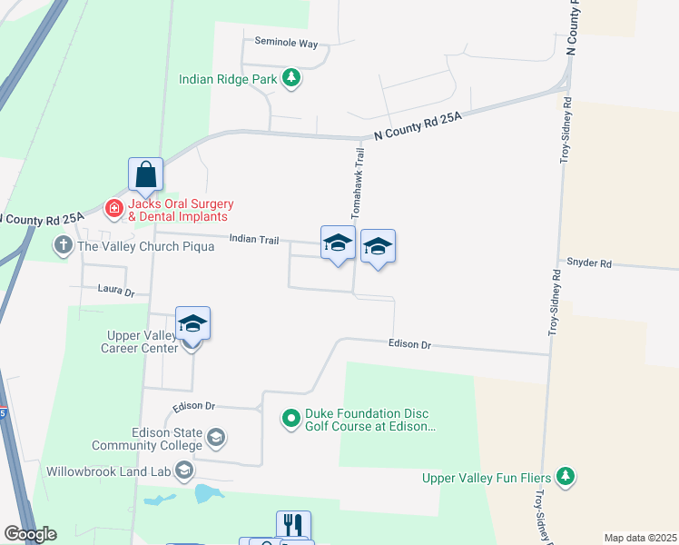 map of restaurants, bars, coffee shops, grocery stores, and more near 1 Indian Trail in Piqua